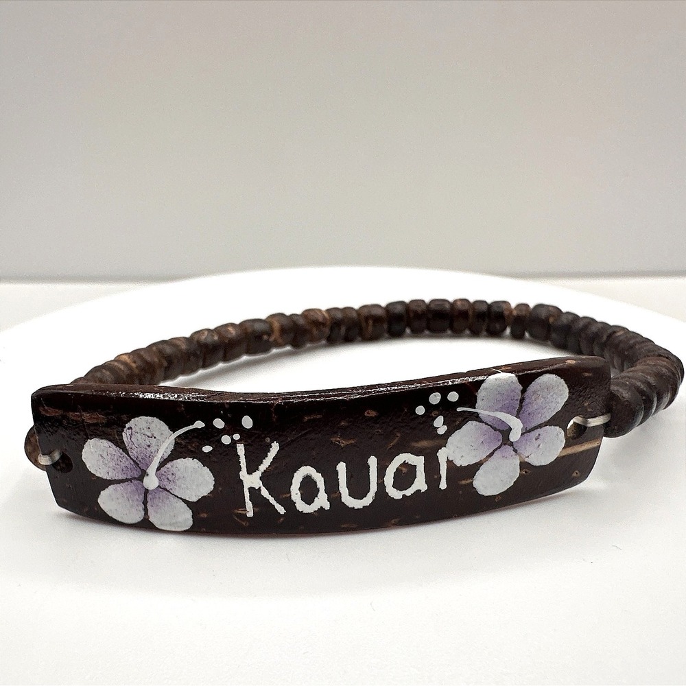 Vintage 90s Kauai Beaded Bracelet Hand Painted Hibiscus Flower Women's Jewelry‎